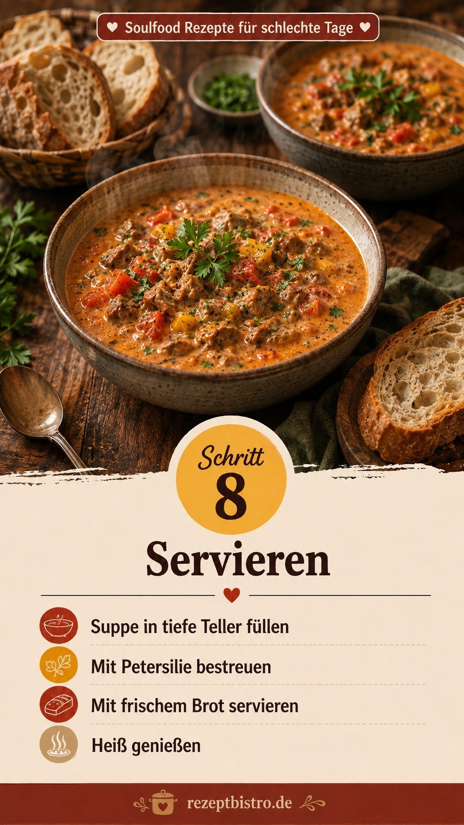 Zwei Teller der servierten Soulfood Suppe für schlechte Tage mit frischem Brot und Petersilie