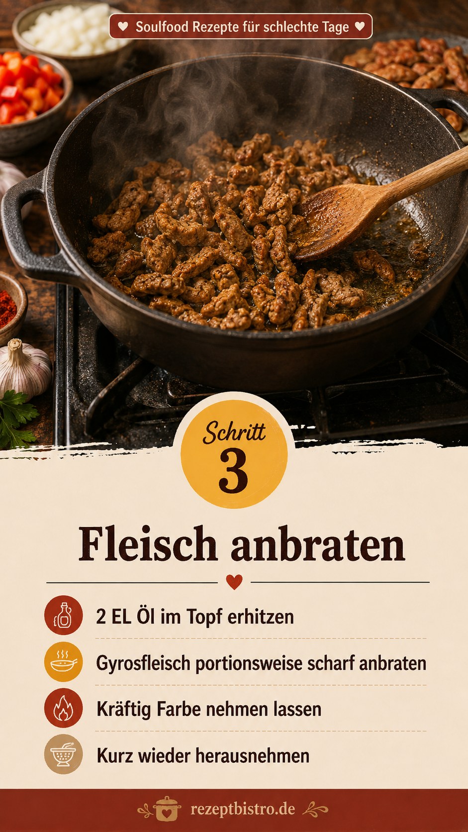 Gyrosfleisch wird scharf im Gusseisentopf angebraten für ein herzhaftes Soulfood Rezept