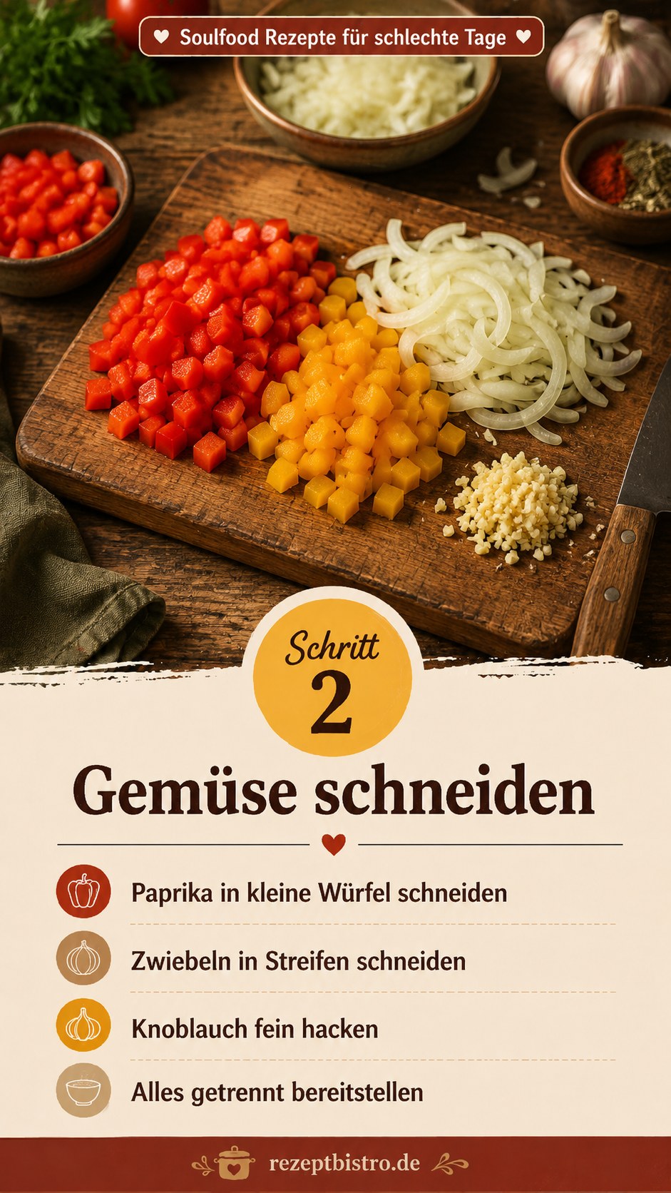 Fein geschnittenes Gemüse als Vorbereitung für ein Soulfood Rezept für schlechte Tage auf dem Schneidebrett