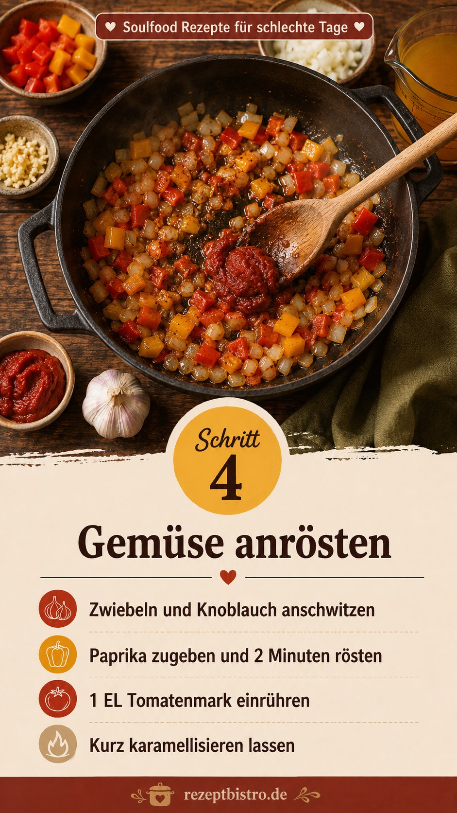 Angeröstetes Gemüse mit Tomatenmark als Basis für ein cremiges Soulfood Rezept für schlechte Tage