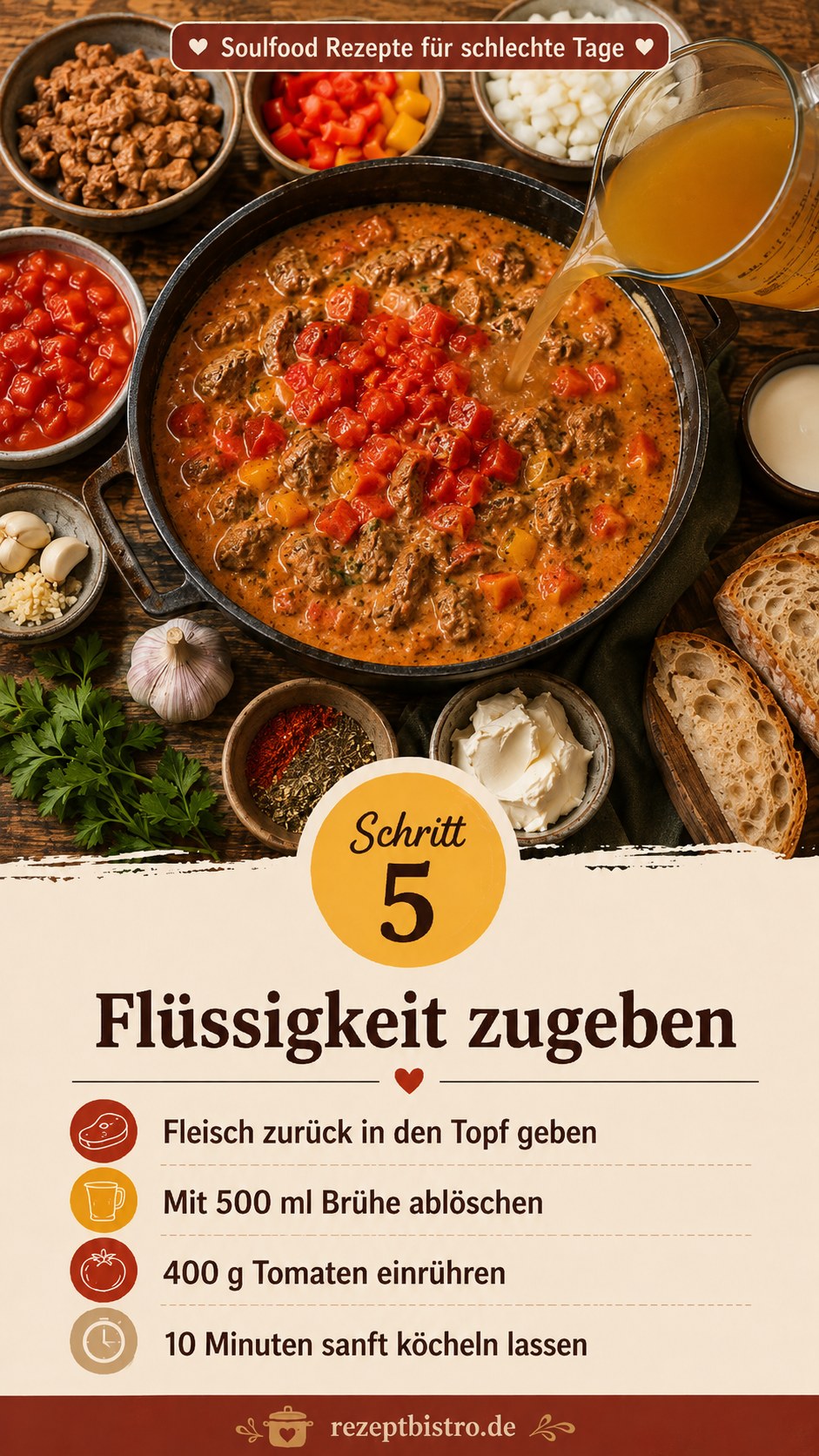 Brühe und Tomaten werden in den Topf gegeben für die Soulfood Suppe an schlechten Tagen