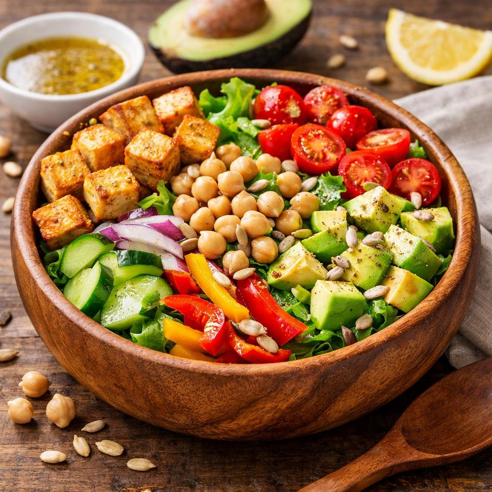 Vegane Bowl mit Tofu Kichererbsen