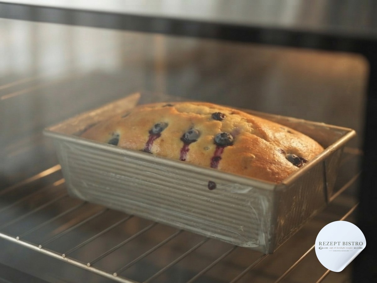 Im Backofen bräunt die vegane Zitronen-Blaubeer-Torte, während die Blaubeeren an der Oberfläche aufplatzen.