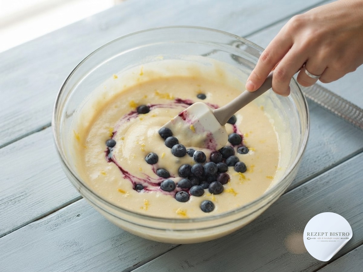 Frische Blaubeeren werden behutsam unter den Zitronenteig der veganen Zitronen-Blaubeer-Torte gehoben.