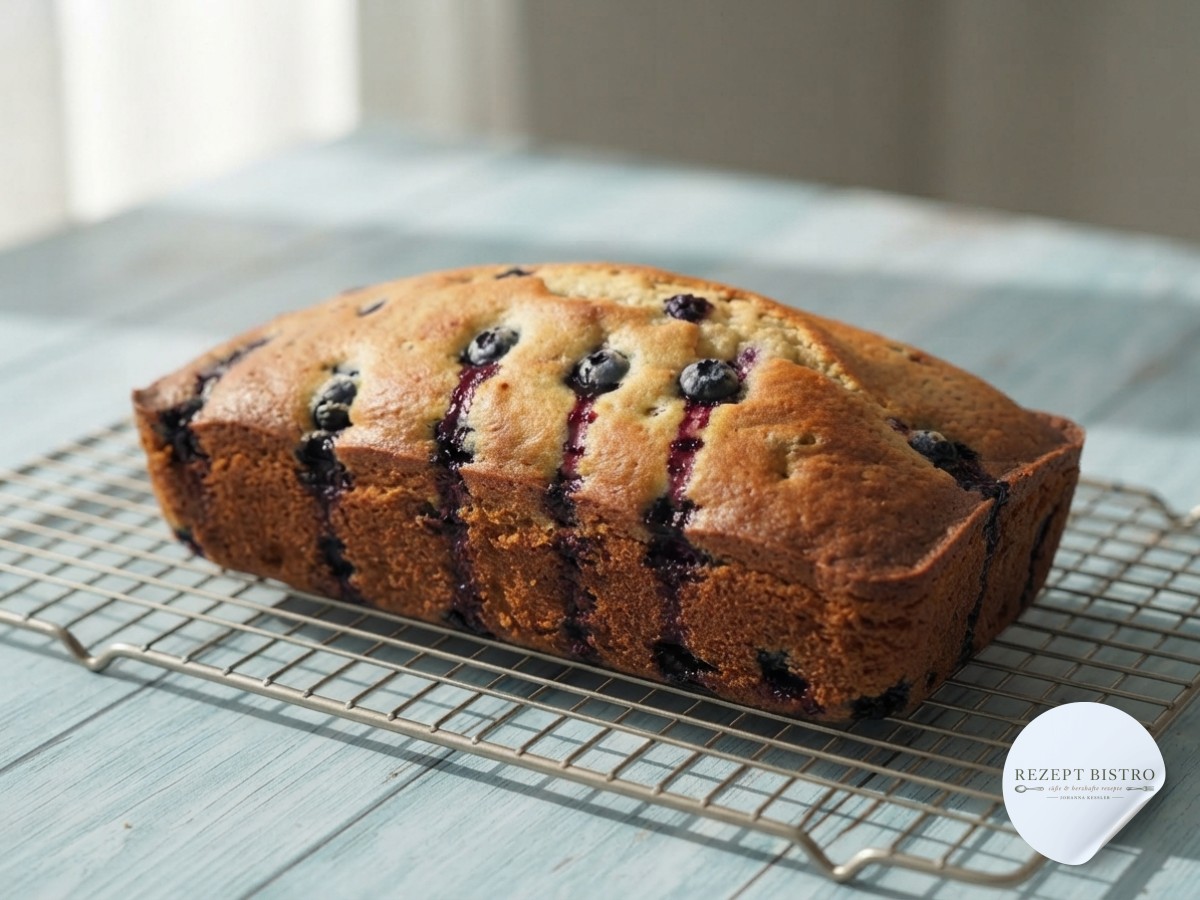 Die frisch gebackene vegane Zitronen-Blaubeer-Torte kühlt mit violetten Fruchtspuren auf dem Kuchengitter aus.