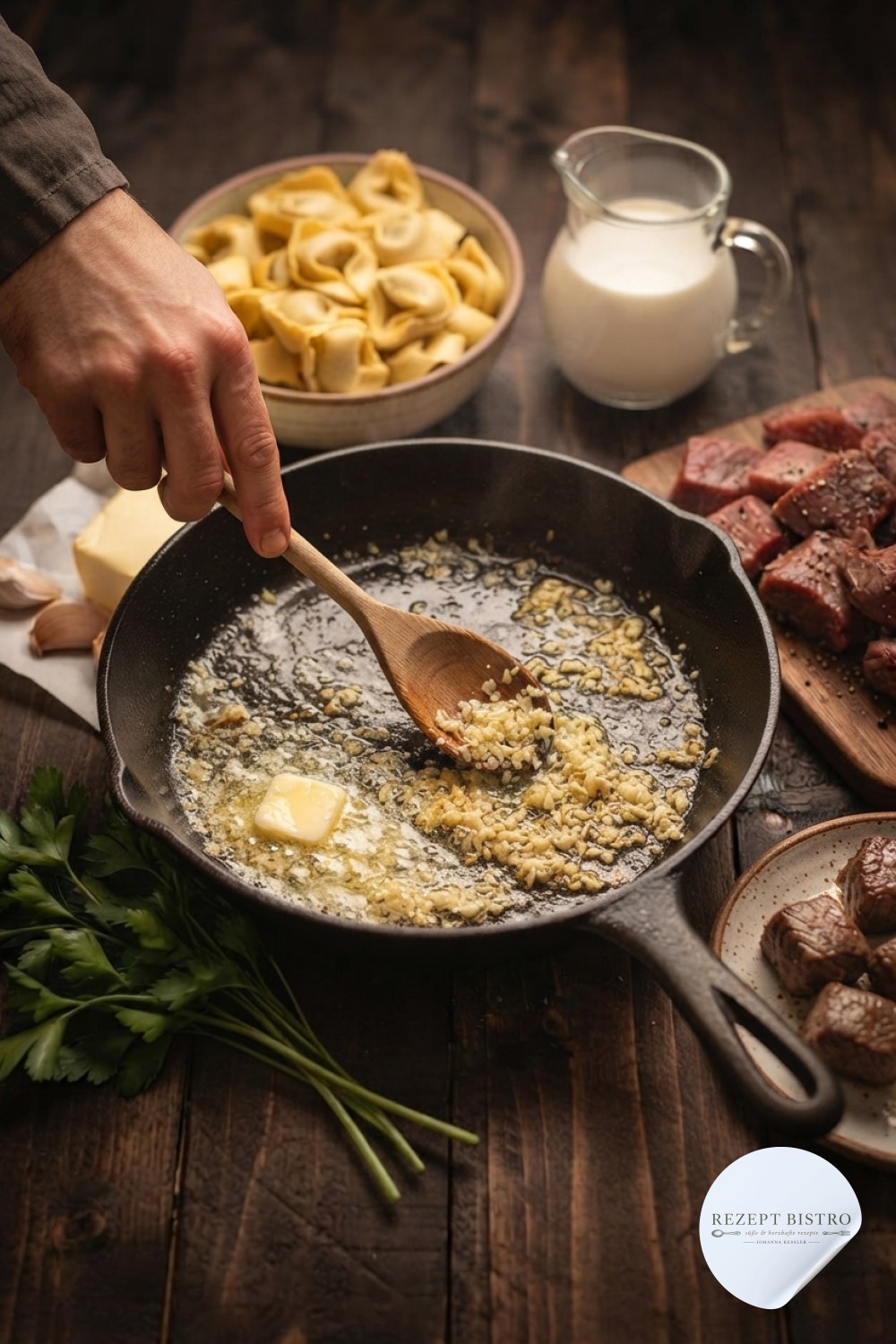 Knoblauch schmilzt in brauner Butter, die Basis für die cremige Zitronen Butter Knoblauch Pasta entsteht
