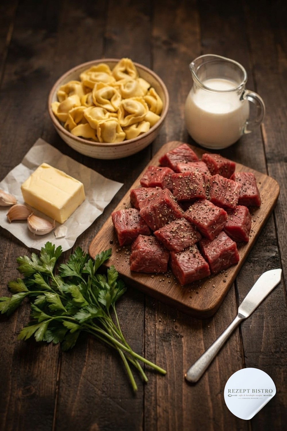 Rohe Zutaten für Zitronen Butter Knoblauch Pasta mit Steak und Tortellini liegen bereit auf dunklem Holzbrett