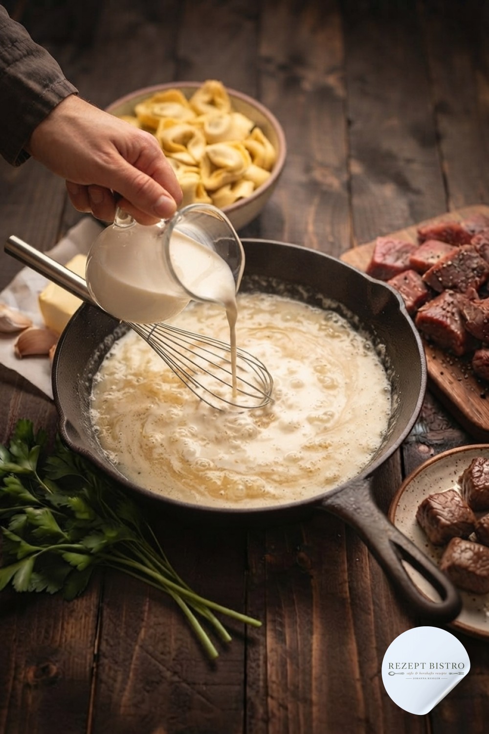 Sahne wird in die Knoblauchbutter gegossen, die Sauce der Zitronen Butter Knoblauch Pasta wird cremig hell