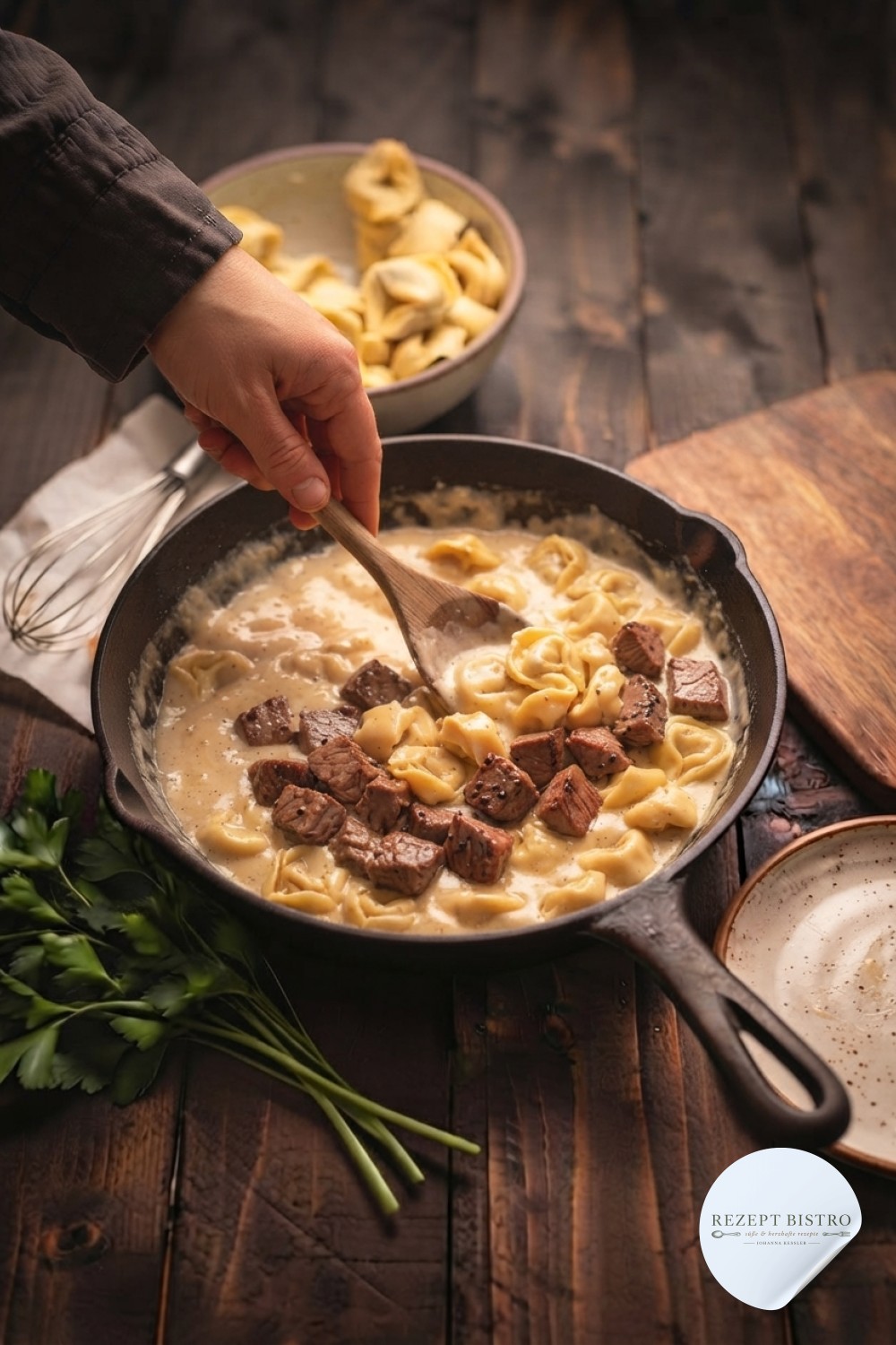 Angebratene Steakwürfel werden zurück in die eingedickte Sauce gerührt, fast fertig ist die Zitronen Butter Knoblauch Pasta