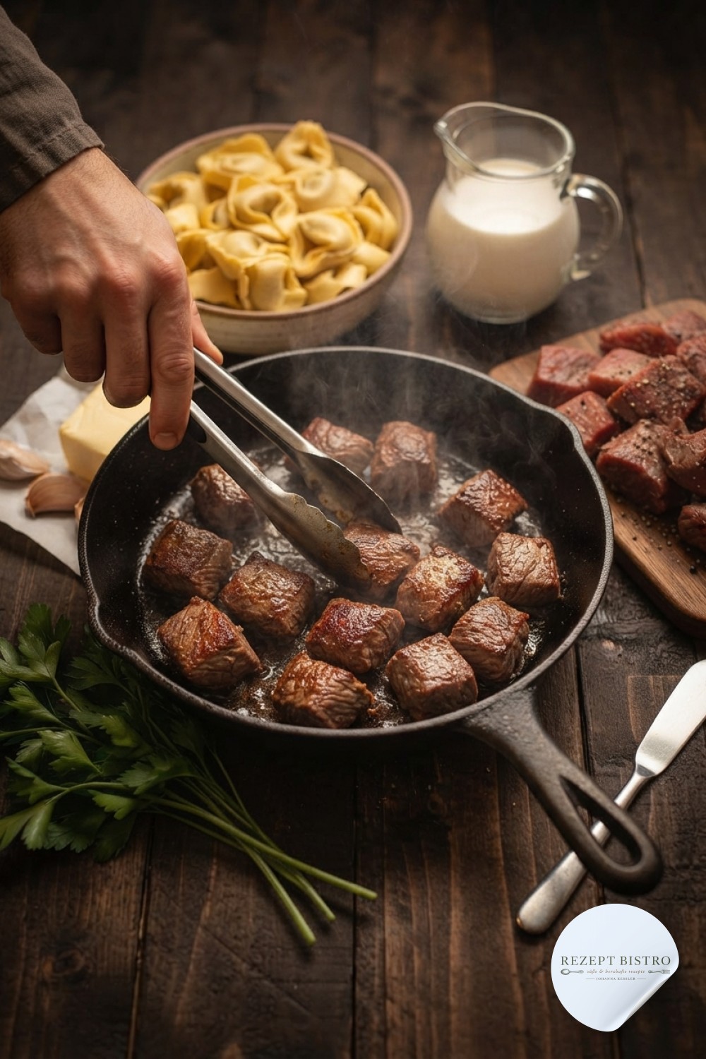 Steakwürfel brutzeln scharf an in der Pfanne, der erste Schritt zur Zitronen Butter Knoblauch Pasta mit Rind