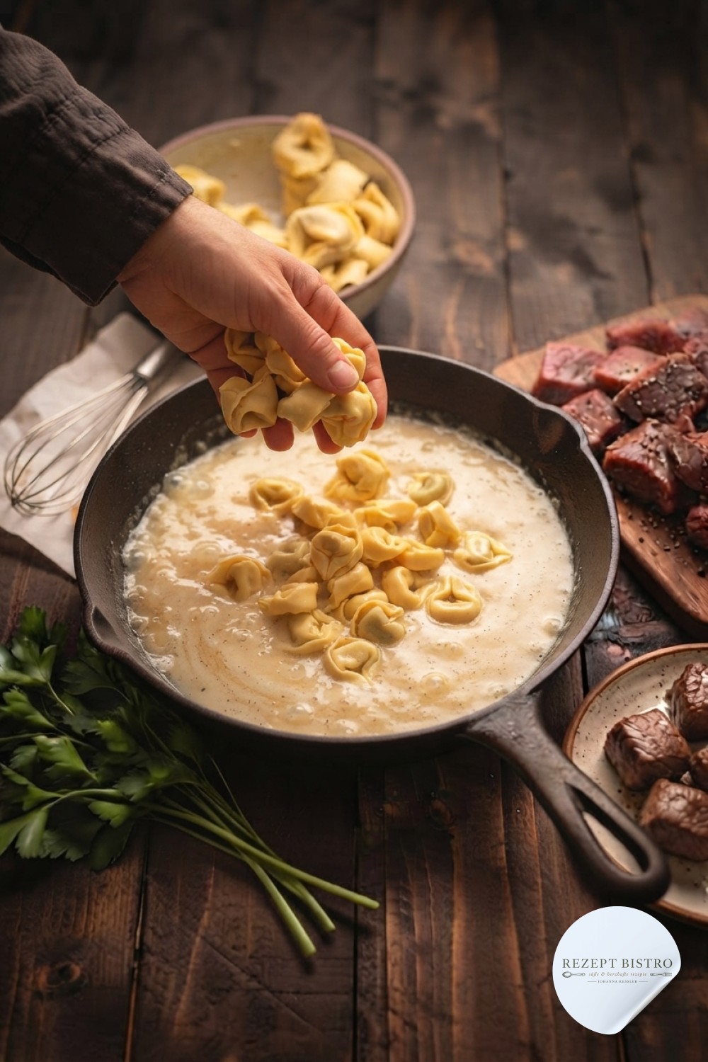 Rohe Tortellini gleiten in die simmernde Sauce der Zitronen Butter Knoblauch Pasta im Gusseisen